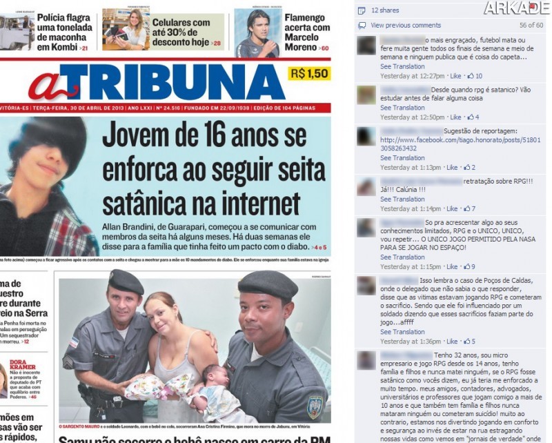 Tribuna Arkade: Jornal brasileiro causa polêmica ao associar RPG com rituais macabros