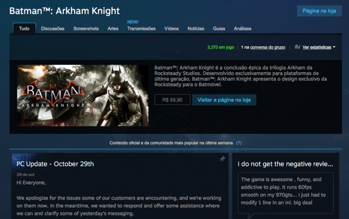 Pelo menos o jogo voltou a vender e a série Arkham vem de "desculpas"
