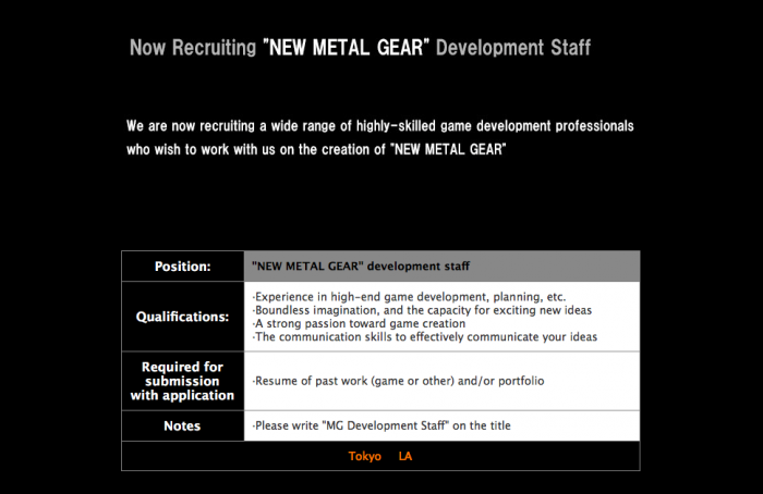 A Konami está recrutando pessoal para produzir um novo Metal Gear
