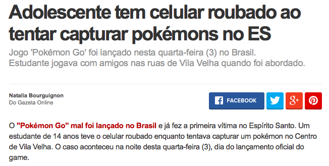 Os primeiros registros de assaltos envolvendo Pokémon GO já apareceram. Atenção pessoal! Via G1