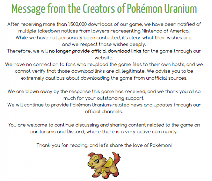 Um milhão e meio de downloads depois, a Nintendo pediu para tirar o Pokémon Uranium do ar