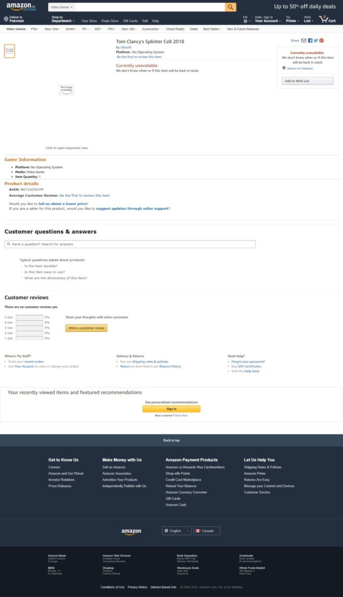 Amazon pode ter "entregado" um novo Splinter Cell para 2018