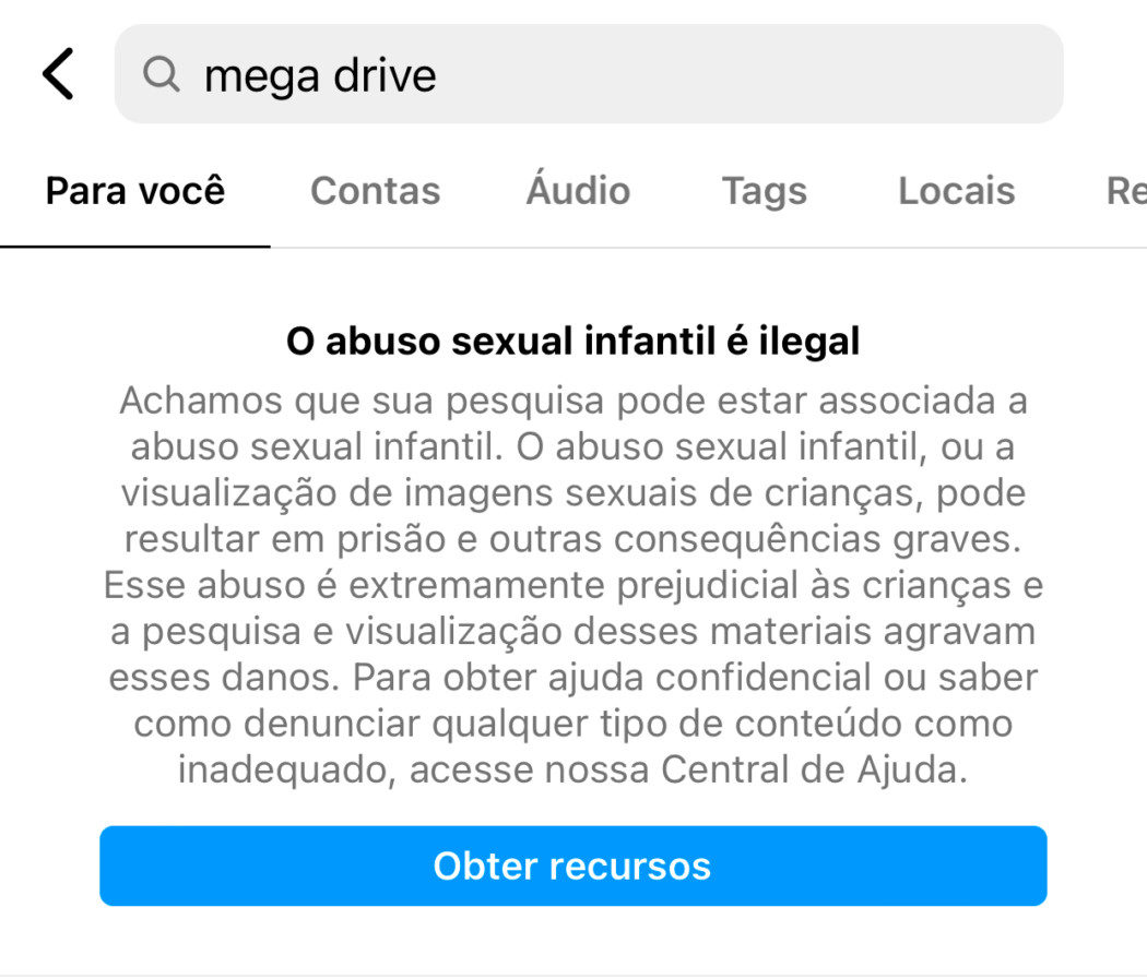 Facebook e Instagram restringem pesquisa de "Mega Drive" com aviso de abuso infantil